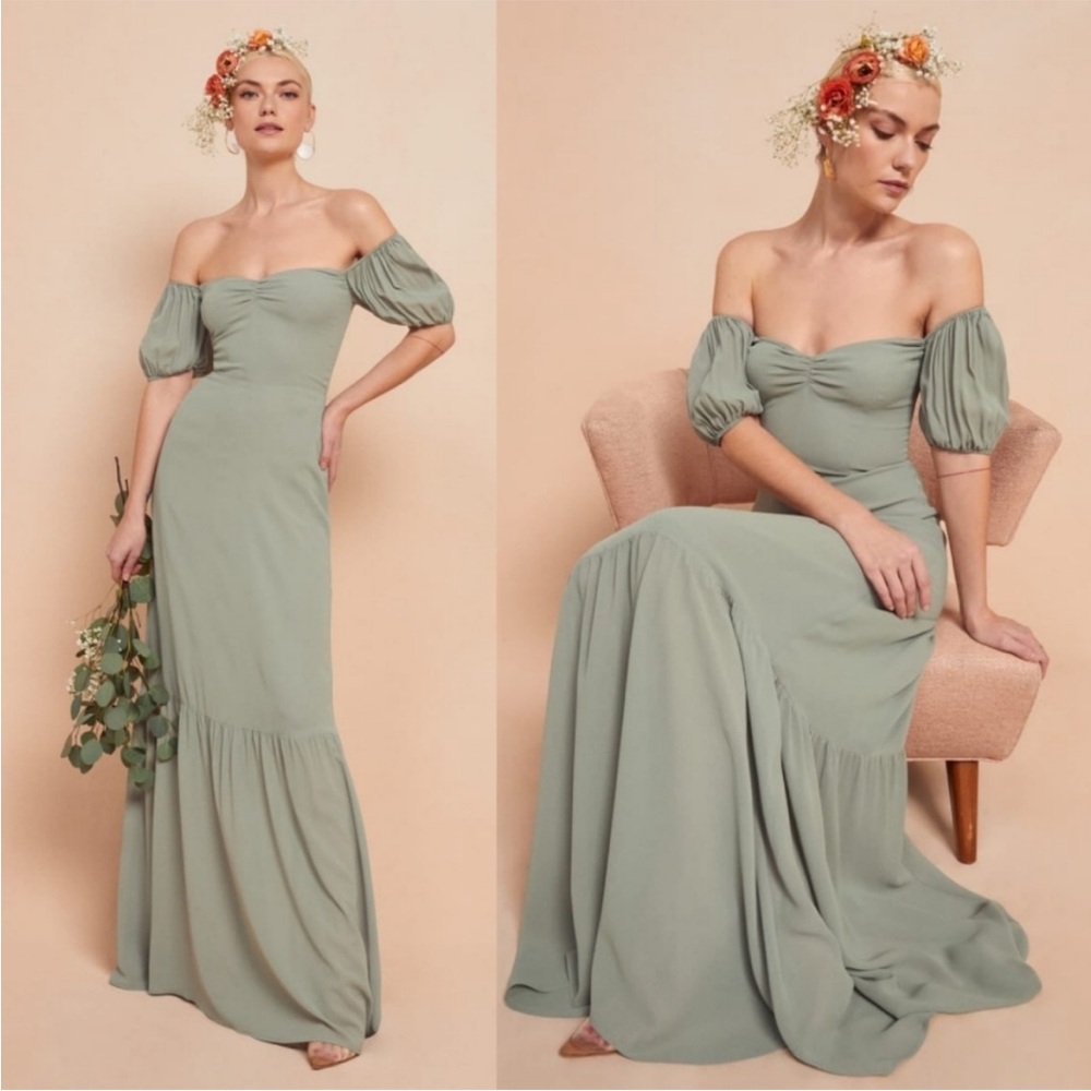 Reformation Farrow dress size 2 seafoam green maxi off the shoulder bridesmaid